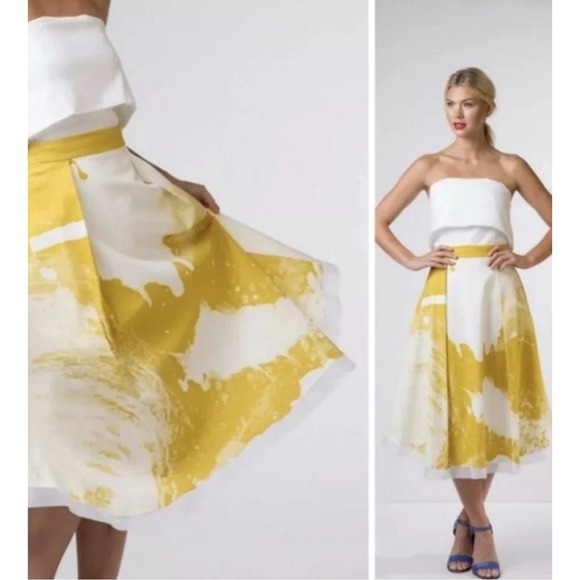 Ellender Anthropologie Painterly Mustard Yellow Abstract Pleated Midi Skirt 4 - Picture 2 of 11